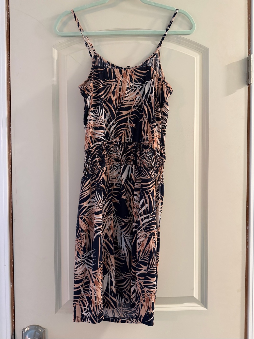 Veronica M Navy and Blush Leaf-Print Slip Dress